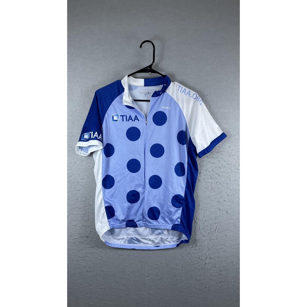 Primal TIAA Cycling Jersey Mens Large‎ Blue Polka Dot Full Zip Short Sleeve Top